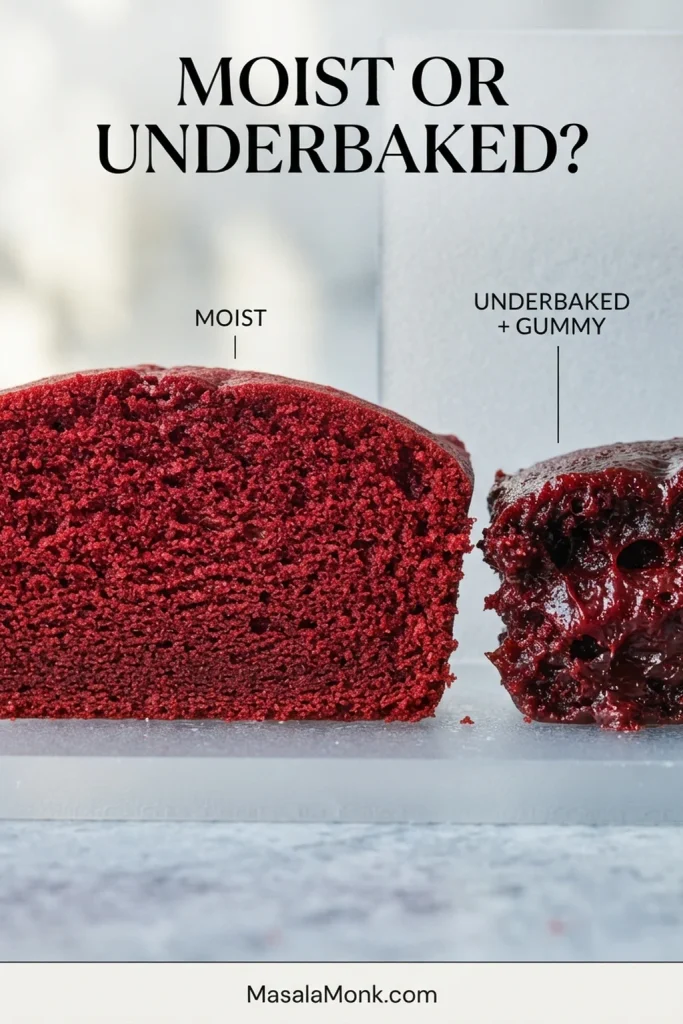 Comparison of a properly baked red velvet cake crumb and a glossy, compressed underbaked gummy center.