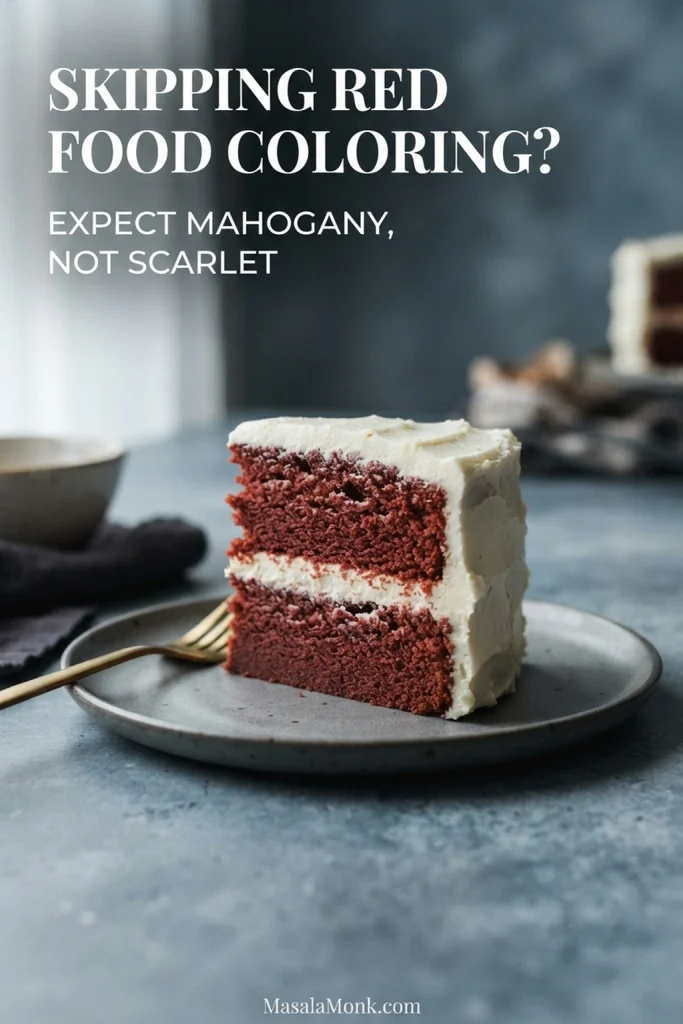 Two-layer red velvet cake slice with white cream cheese frosting and a muted mahogany-brown crumb made without vivid red coloring.
