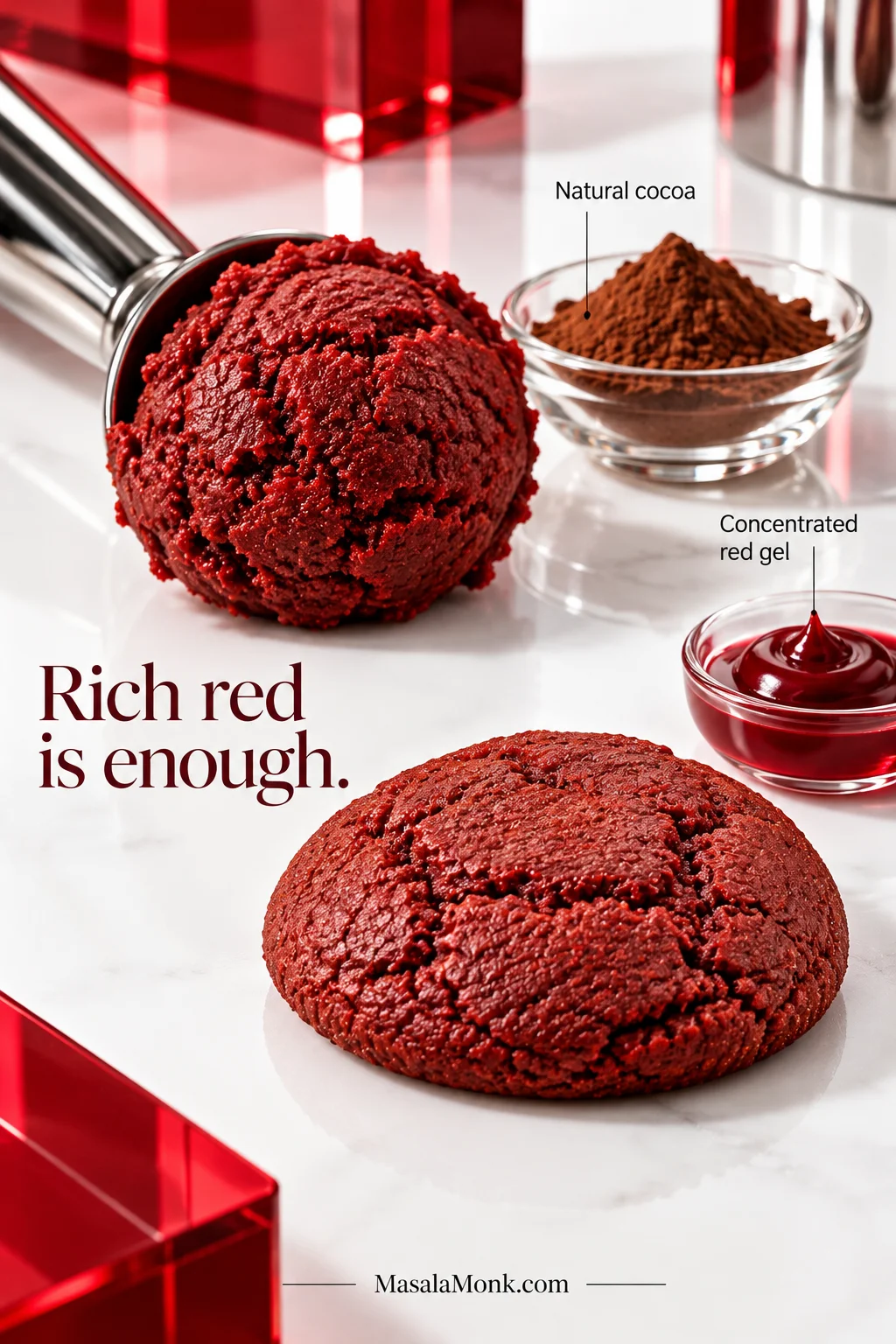 Natural cocoa powder and concentrated red gel food coloring arranged with a finished deep-red cookie to demonstrate red velvet color.