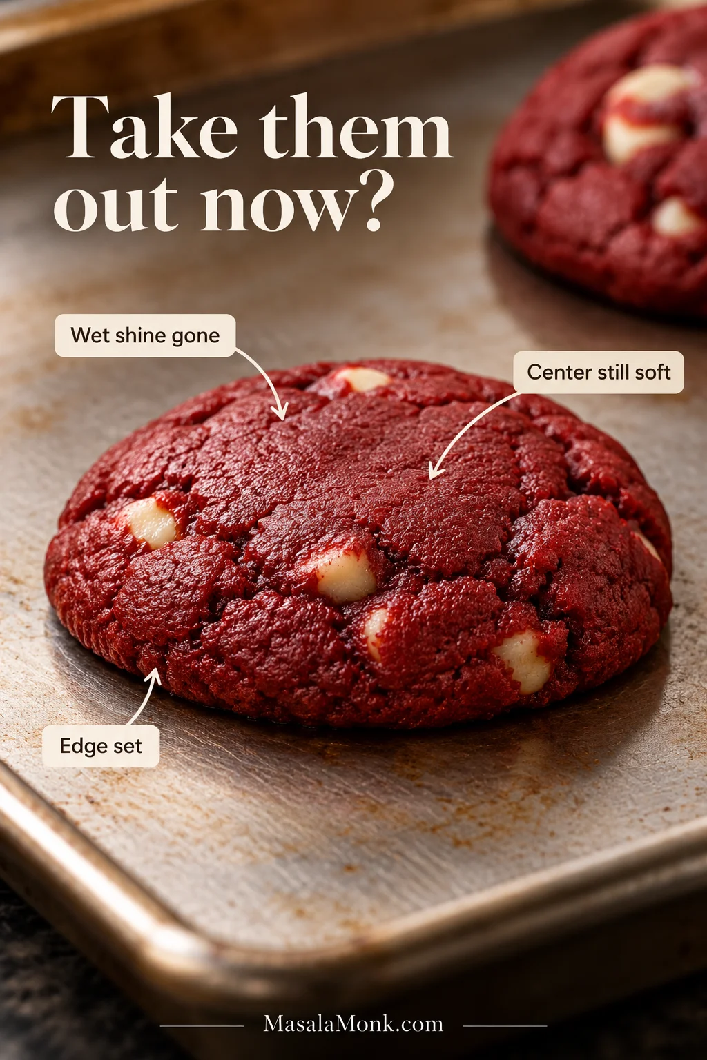 White-chocolate red velvet cookie with a set outer edge and soft-looking red center, illustrating the visual cues for doneness.