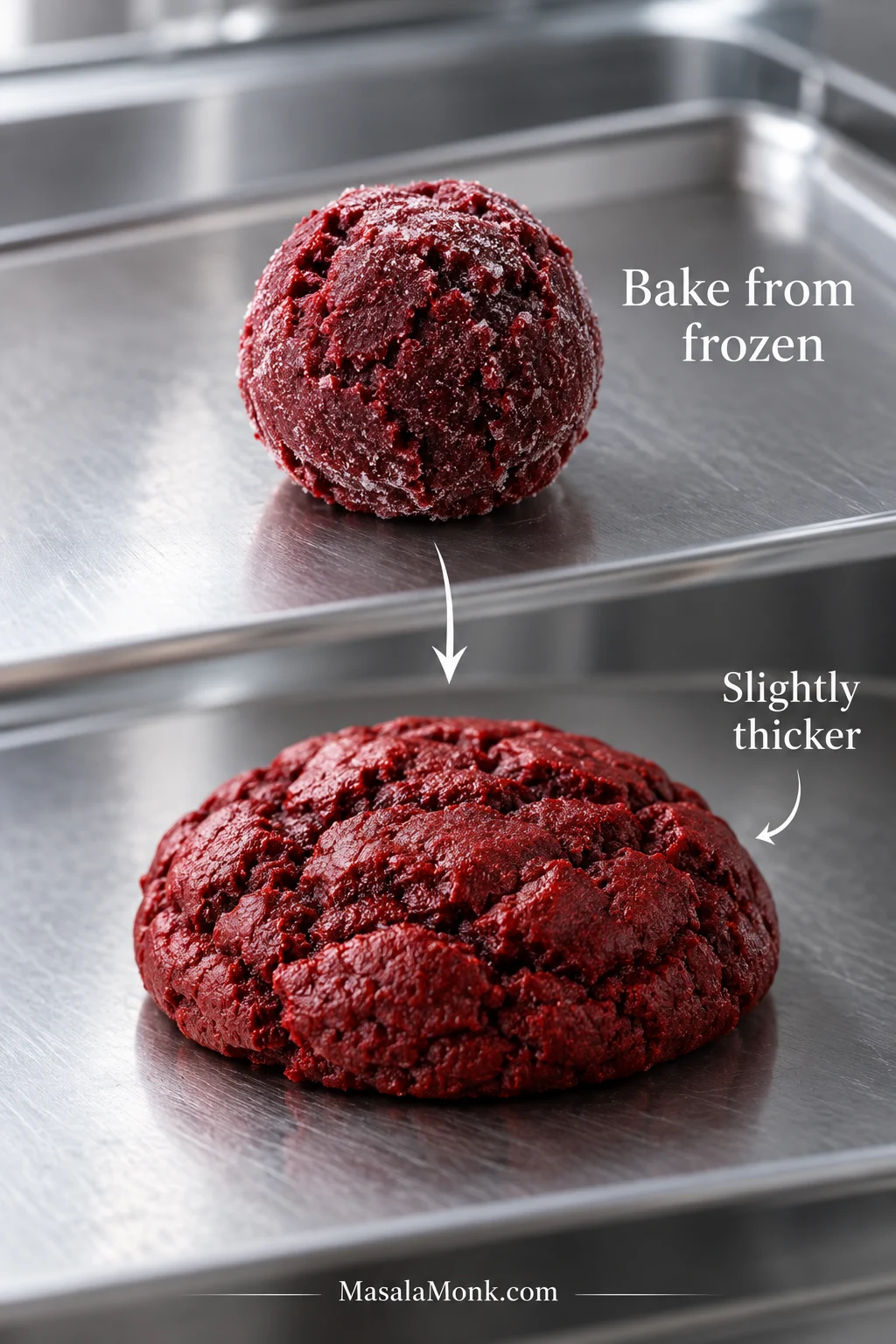 Frozen red velvet cookie dough portions shown separately beside baked cookies, illustrating the make-ahead freeze-and-bake method.