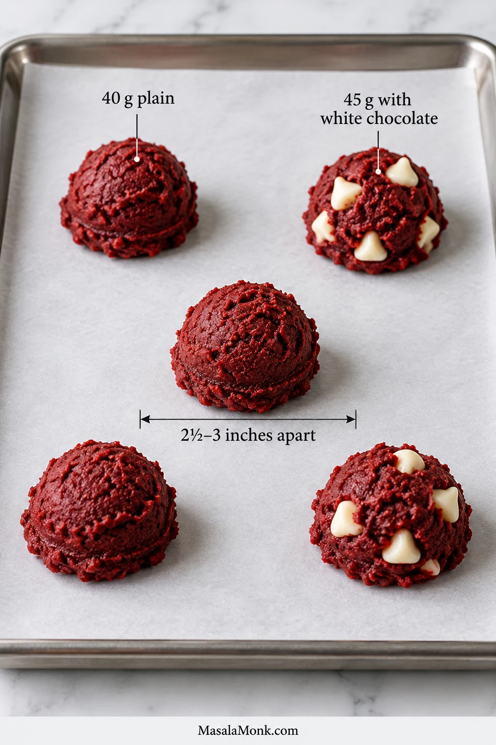 Red velvet cookie dough mounds on a lined baking sheet labeled 40 grams for plain dough, 45 grams for white-chocolate dough, and spaced 2.5 to 3 inches apart.