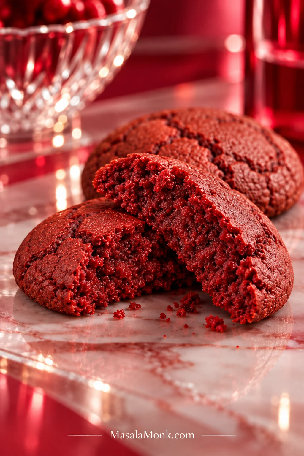 Close-up of a broken red velvet cookie showing a compact, moist red crumb and a thin, lightly set outer edge.