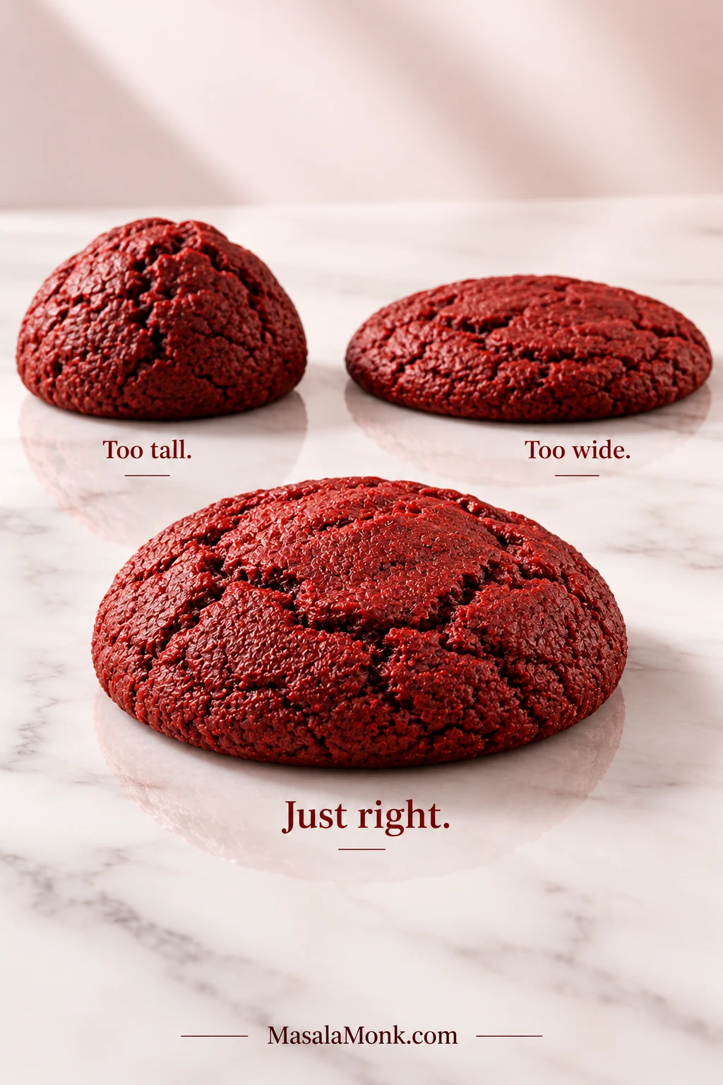 Three red velvet cookies shown side by side with very tall, overly spread and correctly spread shapes for comparison.
