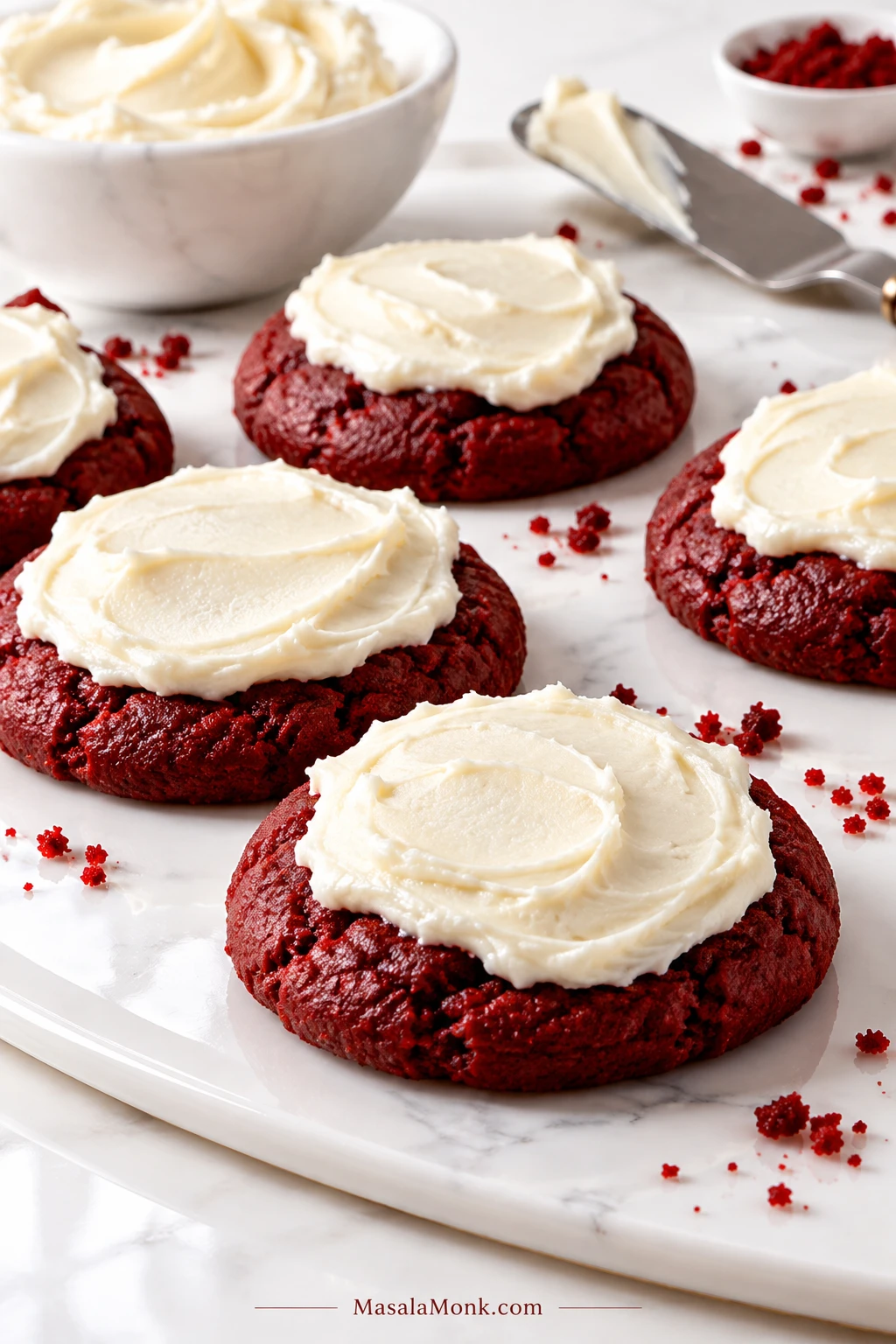 Deep-red velvet cookies topped with a pale layer of cream cheese frosting, with the red cookie still visible around the edges.