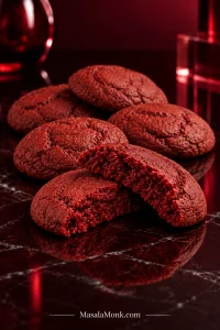 Stack of deep-red velvet cookies on a dark plate, with one cookie broken open in front to show its soft, dense center.