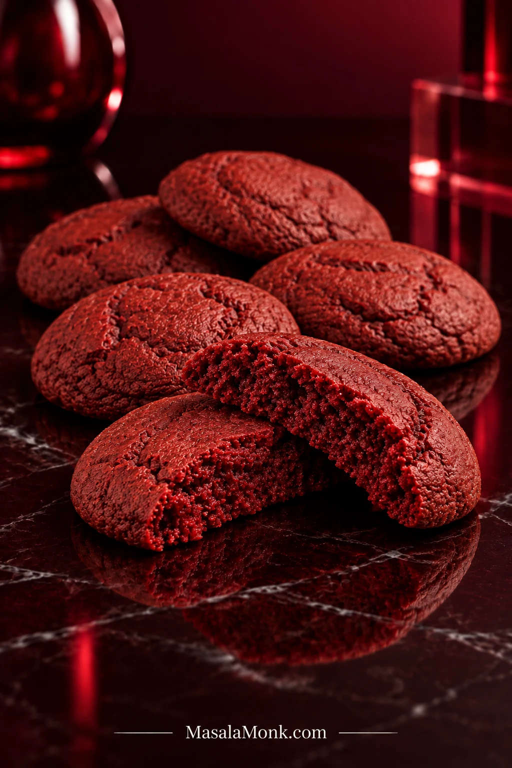 Stack of deep-red velvet cookies on a dark plate, with one cookie broken open in front to show its soft, dense center.