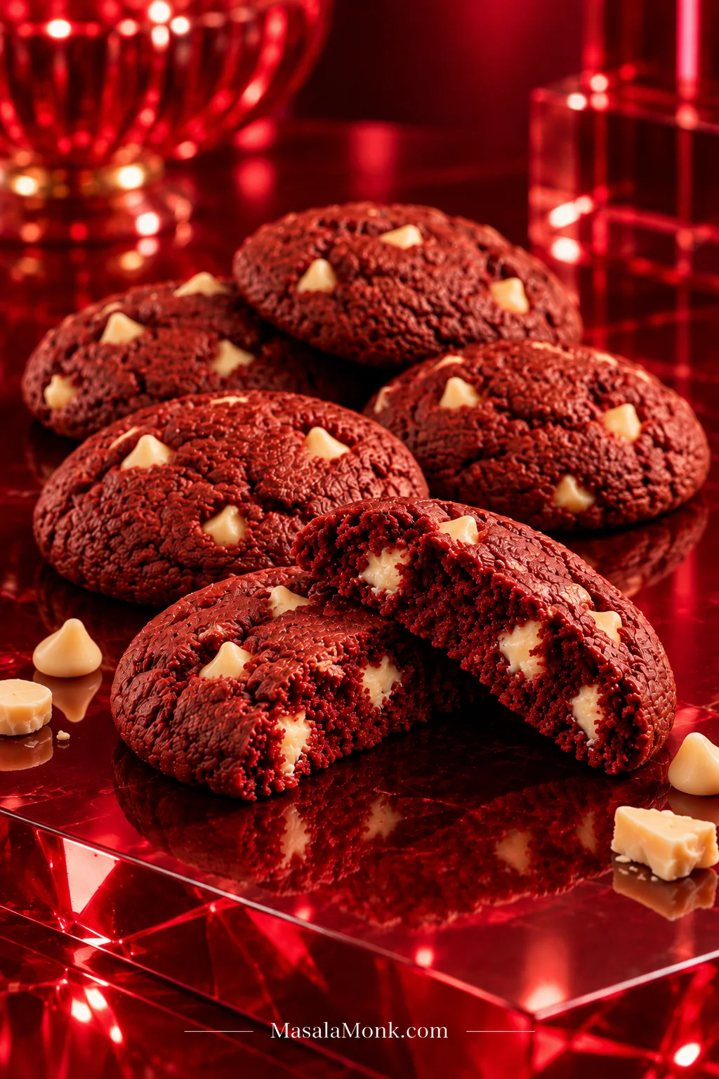Deep-red velvet cookies with white chocolate pieces, including one broken open to reveal creamy white chocolate pockets inside.