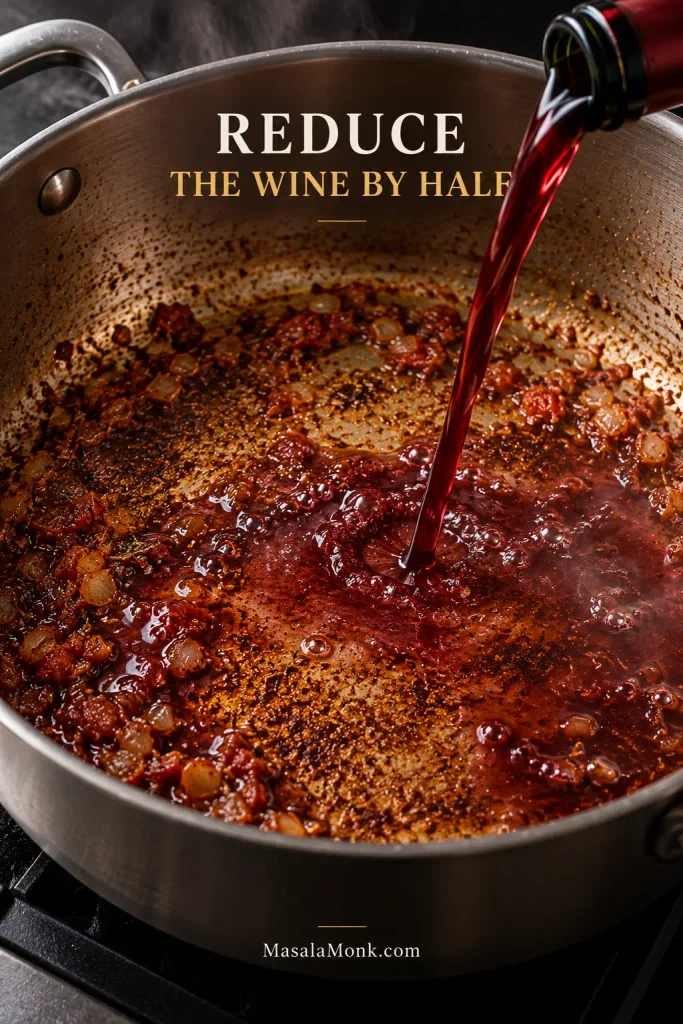 Red wine being poured into a hot metal pan with browned fond, cooked onion and tomato paste during deglazing.