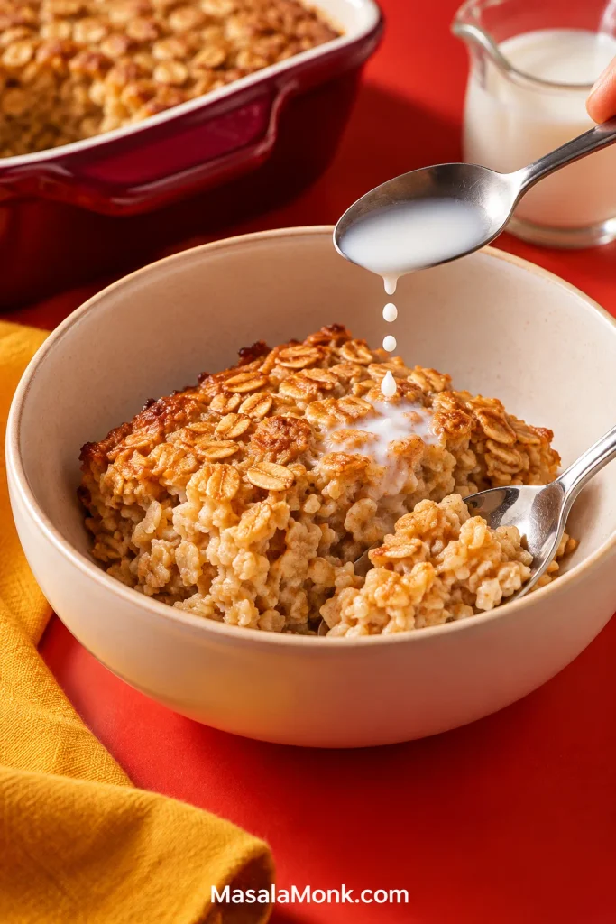 A small stream of milk being added to one edge of a portion of baked oatmeal before reheating, without pooling around the oats.