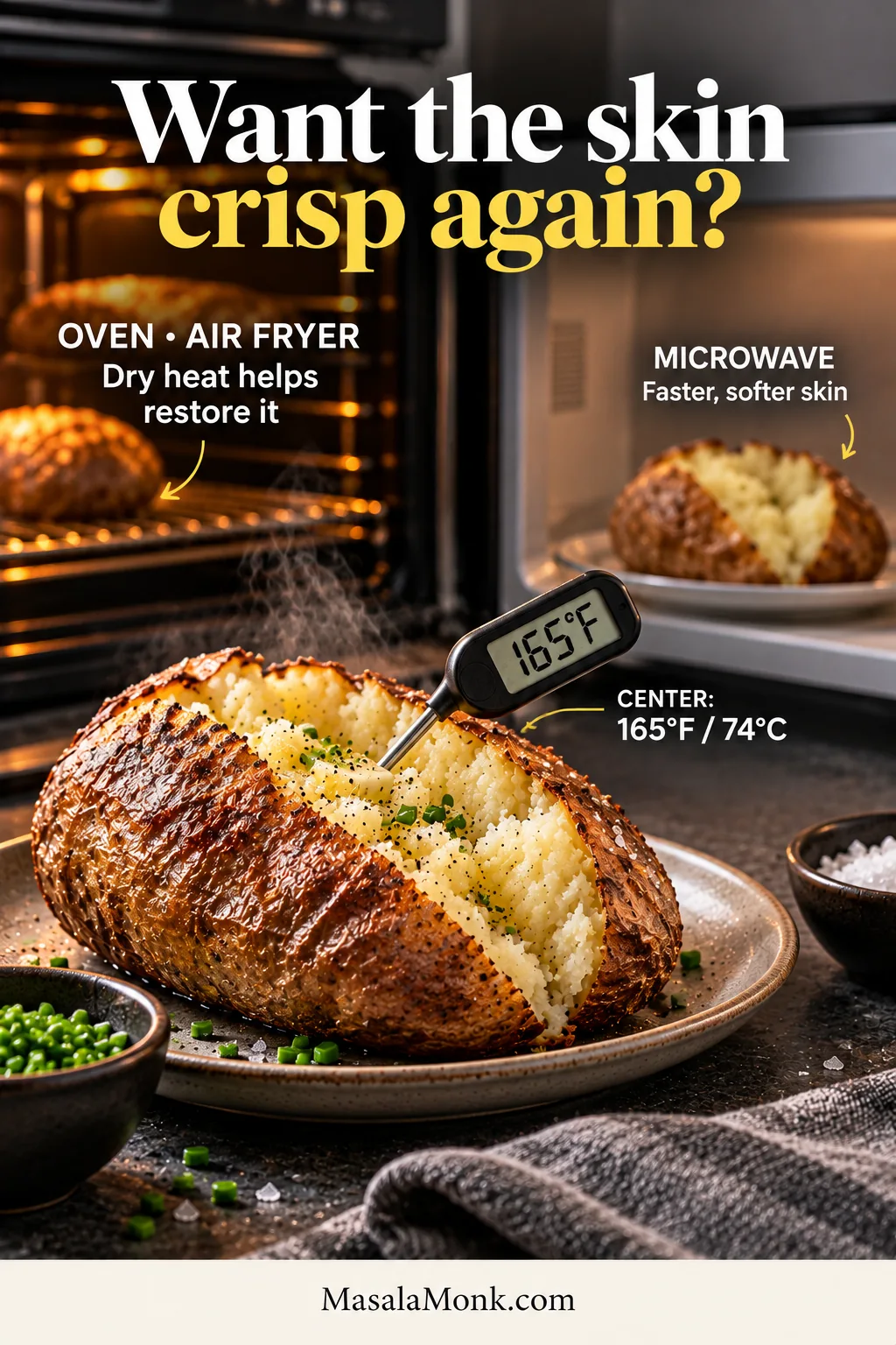 Reheated baked potato with a thermometer reading 165°F, with labels comparing oven or air-fryer reheating for crisper skin against microwave reheating for softer skin.