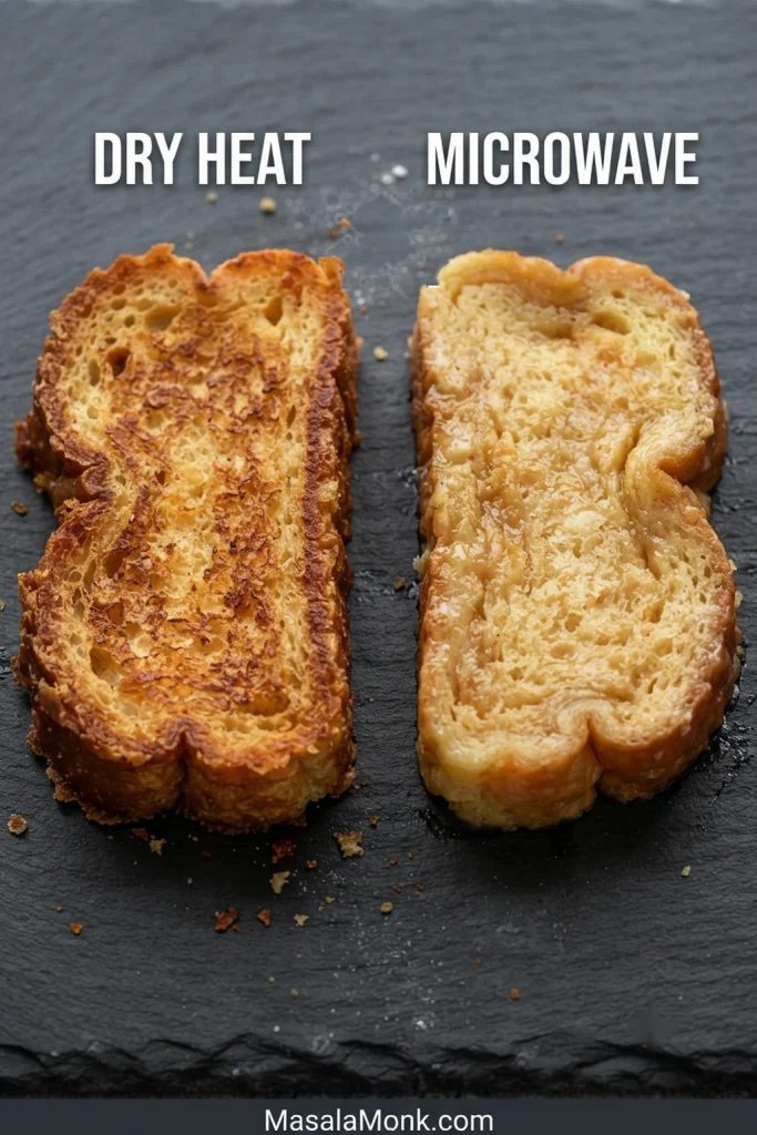 Two reheated French toast slices compare a defined golden crust after dry heat with a softer exterior after microwaving.