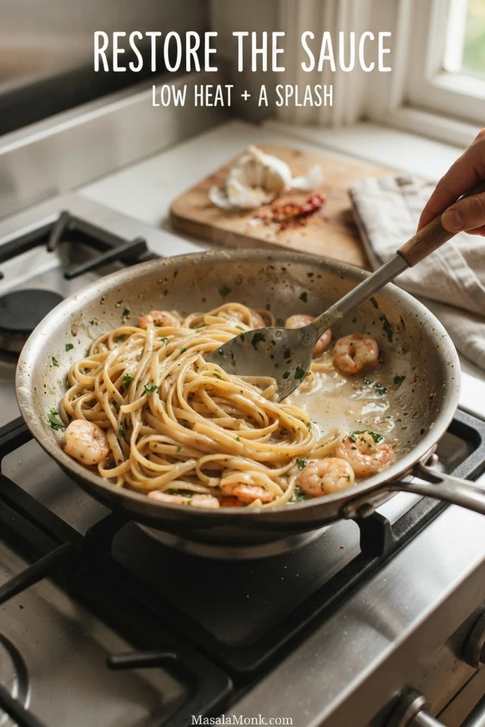 Hand tossing linguine and shrimp in a light-colored skillet on a stovetop while reheating the pasta, with text reading “Restore the sauce — low heat + a splash.”