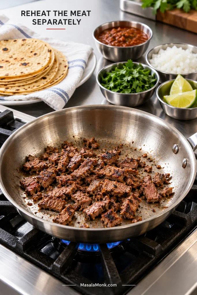 Chopped carne asada reheating alone in a stainless skillet, with corn tortillas, salsa, chopped onion, cilantro and lime kept separately behind it.
