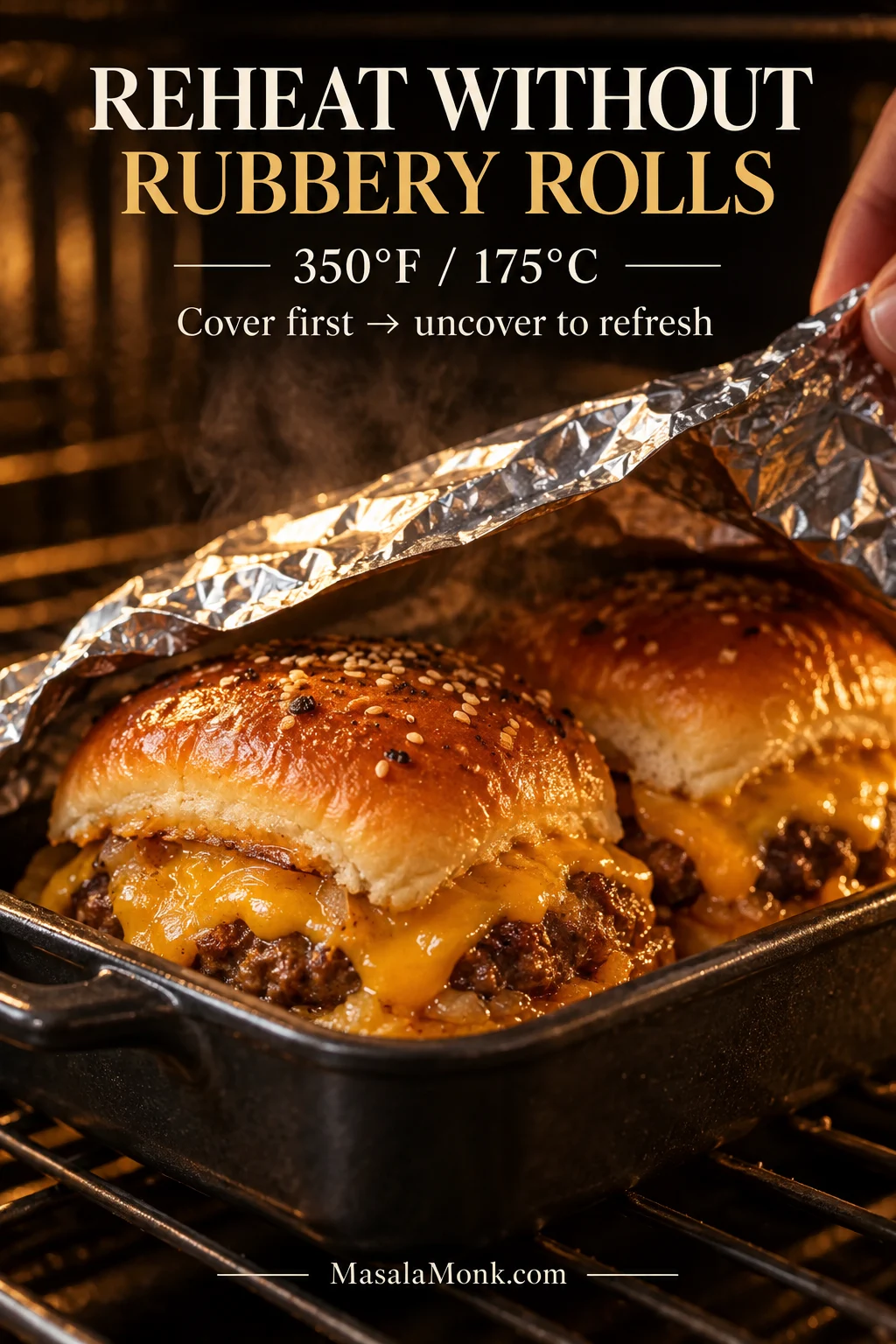 Cheeseburger sliders reheating in the oven as foil is lifted away. Text reads “350°F / 175°C — Cover first, uncover to refresh.”