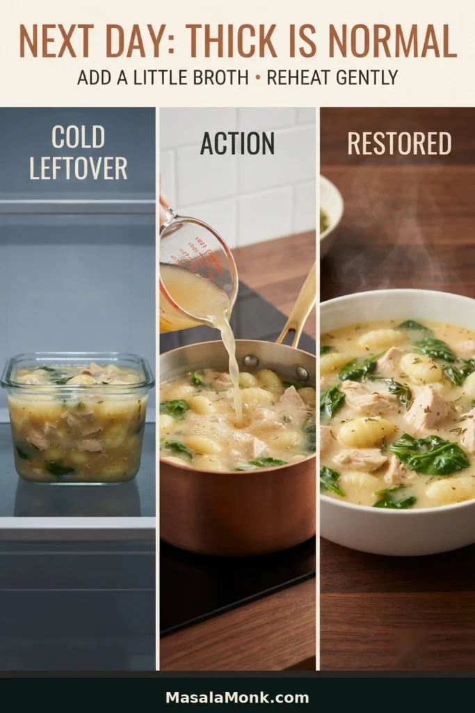 Three-stage reheating guide showing thick refrigerated chicken gnocchi soup, broth being added during stovetop reheating and the loosened creamy soup ready to serve.