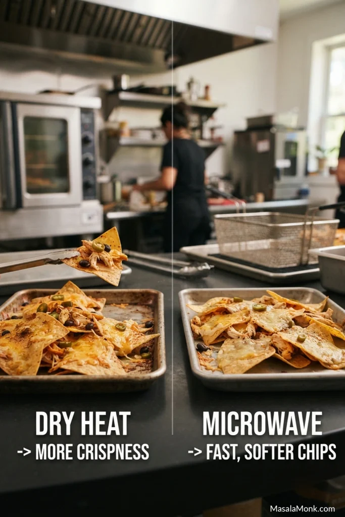 Side-by-side comparison of crisp-looking chicken nachos reheated with dry heat and a softer portion reheated in the microwave.