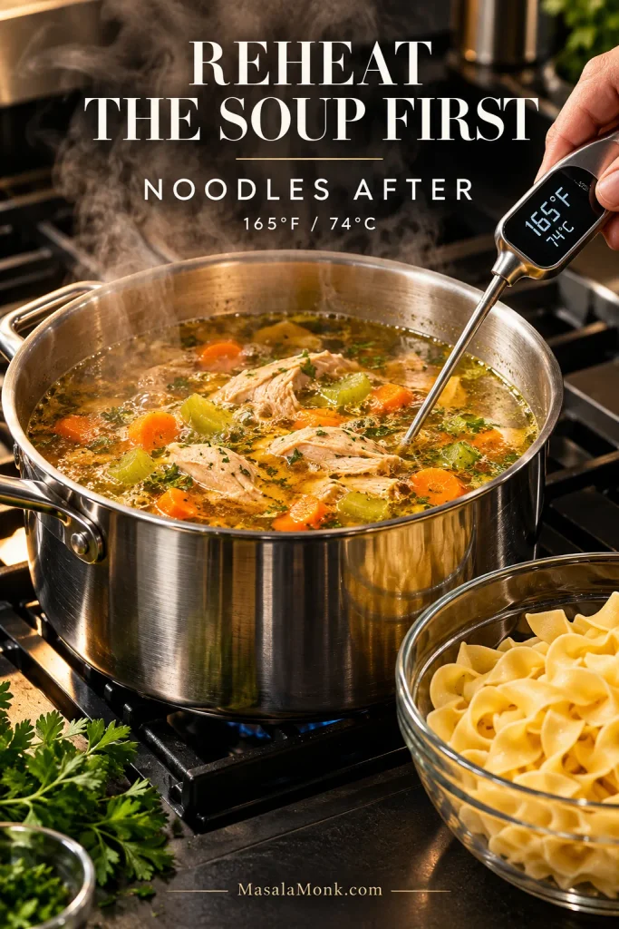 Steaming stainless-steel pot of golden chicken soup base with chicken, carrots and celery on a stovetop, an instant-read thermometer showing 165°F and a bowl of wide egg noodles waiting beside the pot. Text reads “Reheat the Soup First — Noodles After.”