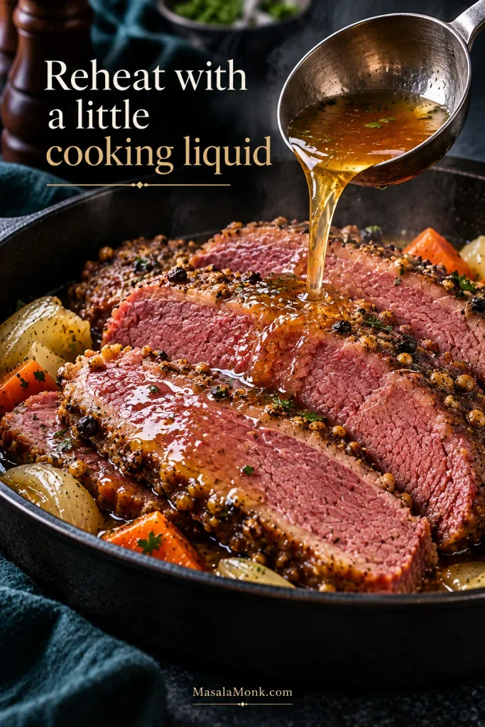 Amber cooking liquid being ladled over sliced leftover corned beef as the meat reheats in a dark pan.
