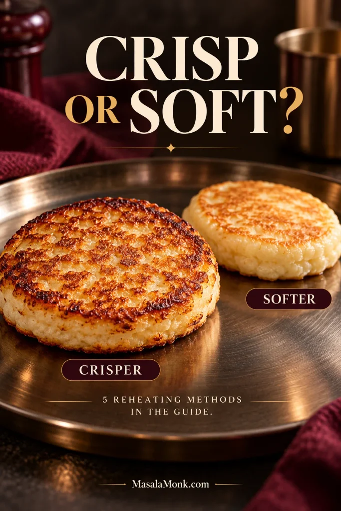 Two reheated cottage cheese pancakes comparing a darker, lightly crisp exterior with a paler softer microwave-style result.