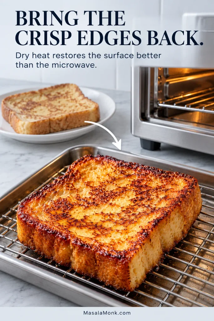 A browned reheated slice of French toast on a wire rack beside a modern toaster oven, with a paler leftover slice on a plate in the background.