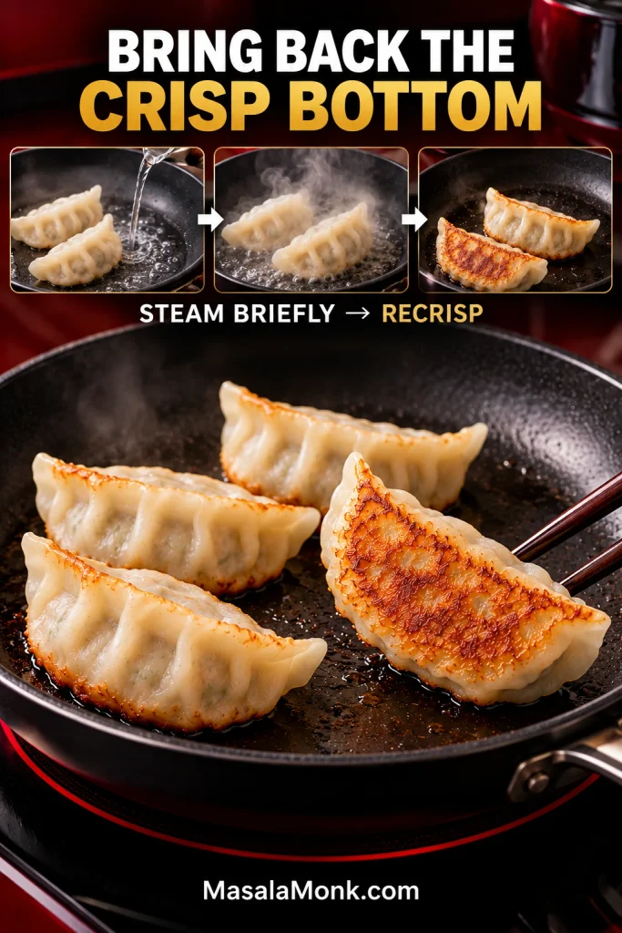 Skillet sequence showing a small splash of water with cooked gyoza, brief steaming and a reheated dumpling lifted to reveal a crisp golden underside.