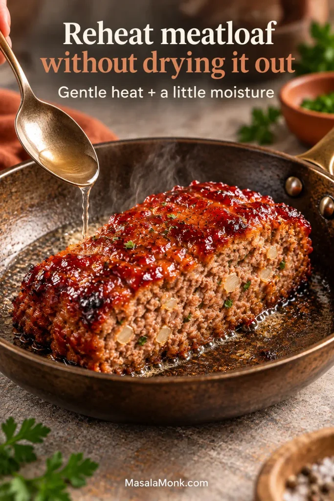 Thick leftover meatloaf slice reheating in a skillet while a spoon adds a small amount of liquid beside it; the slice remains intact and moist.