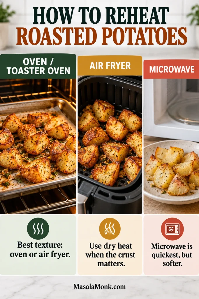 Roasted potatoes shown reheating in an oven, air fryer, and microwave, with the dry-heat methods retaining a crisper-looking exterior.