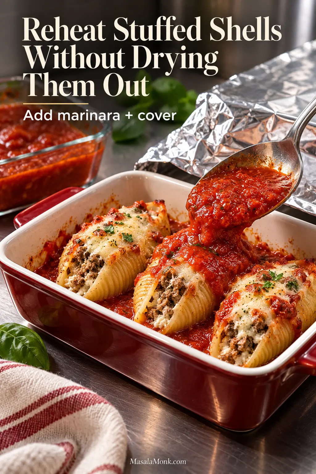 Three leftover stuffed shells in a small baking dish while a spoon adds fresh marinara and aluminum foil sits ready to cover them.
