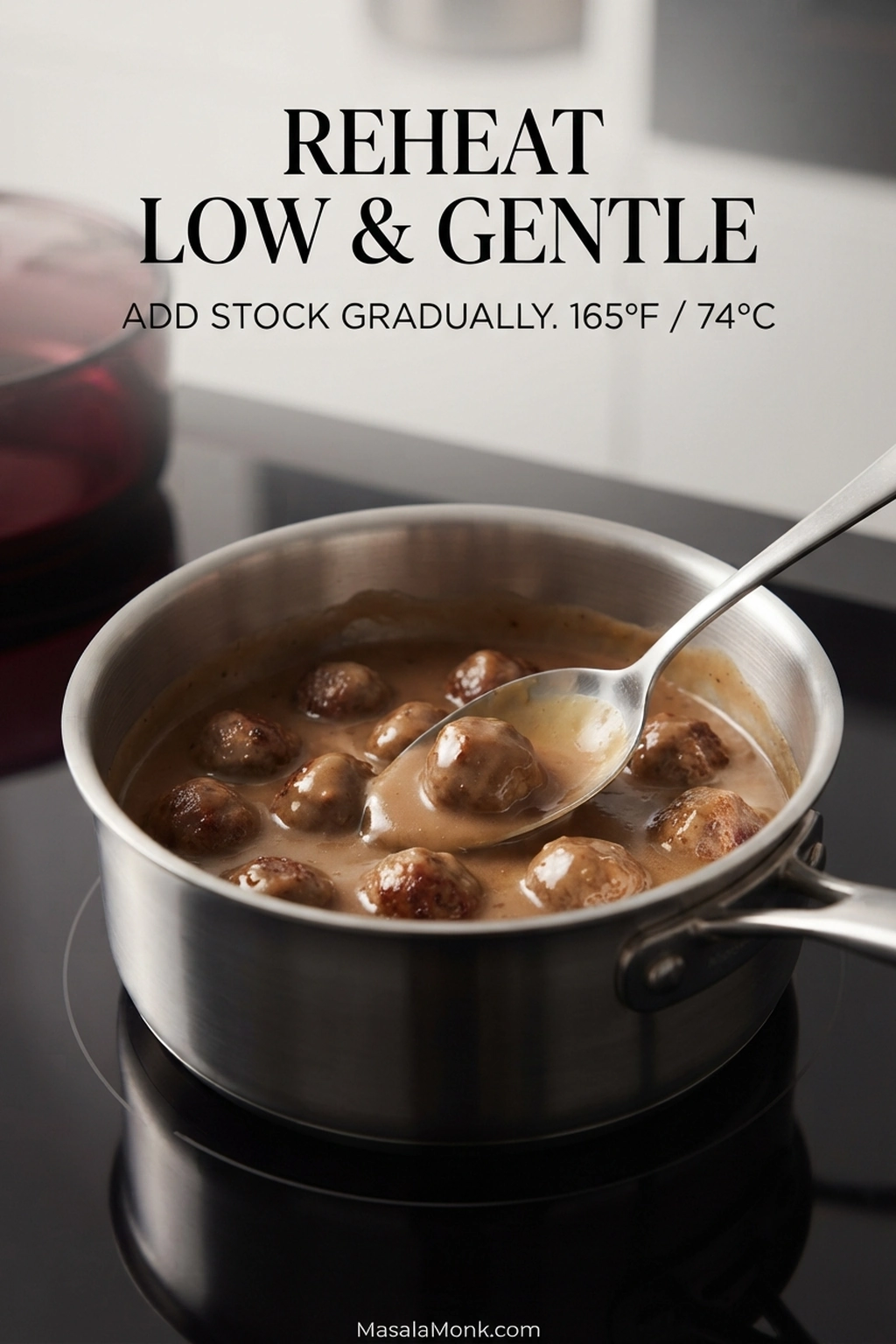 Swedish meatballs reheating in a saucepan of glossy brown gravy, with a spoon lifting one meatball.