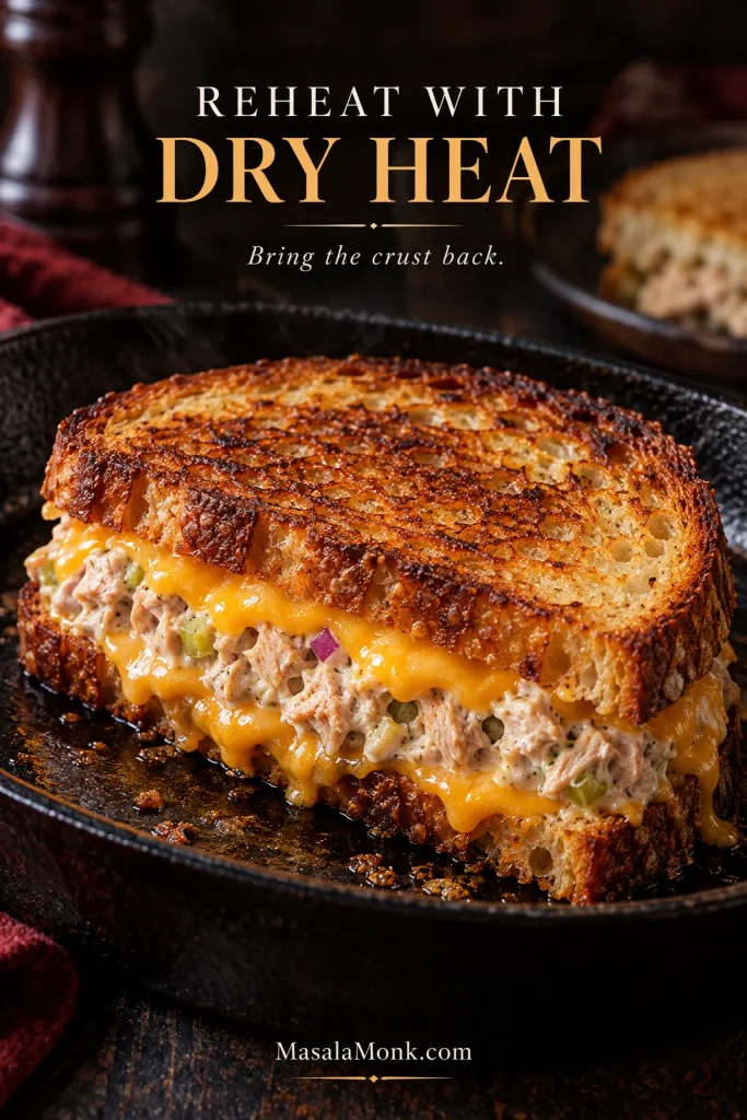 Tuna melt reheating in a dark skillet with crisp golden bread, creamy tuna filling, and melted cheddar.