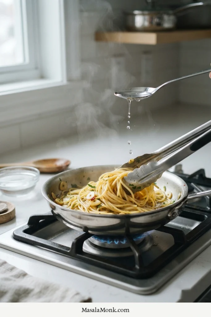 Leftover spaghetti aglio e olio being loosened with tongs in a small skillet while a small amount of clear water is added.