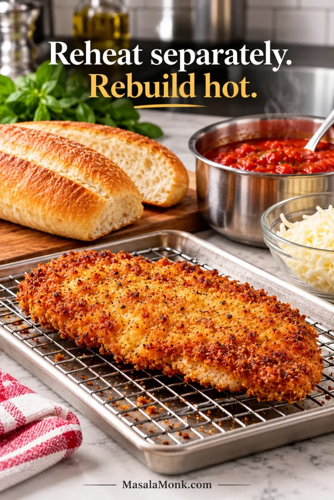 Reheated crispy chicken cutlet on a wire rack with a separate toasted hoagie roll, warm marinara and shredded mozzarella nearby.
