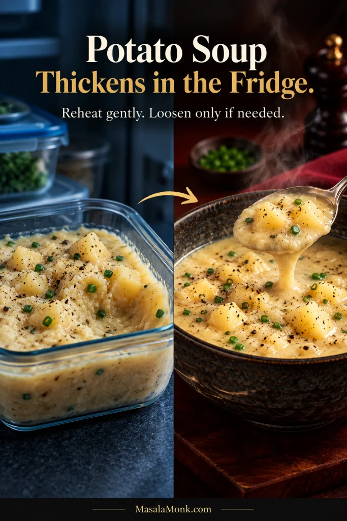 Cold thick potato soup in a storage container beside reheated soup flowing from a spoon, showing the same soup before and after warming.