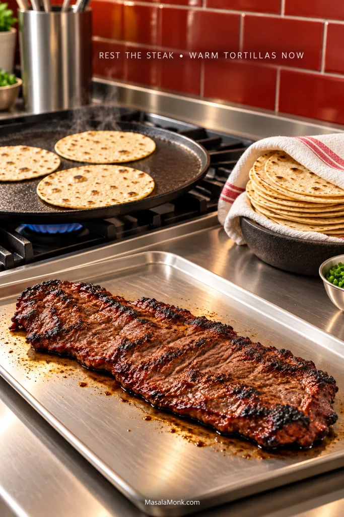 Cooked skirt steak resting beside corn tortillas warming on a comal, with a covered tortilla stack and text reading 'Rest the steak • warm tortillas now.'