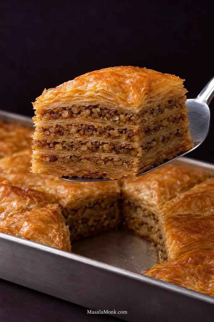 Rested walnut baklava diamond lifted on a stainless-steel serving spatula above its matching space in the tray, showing crisp phyllo and visible walnut layers.