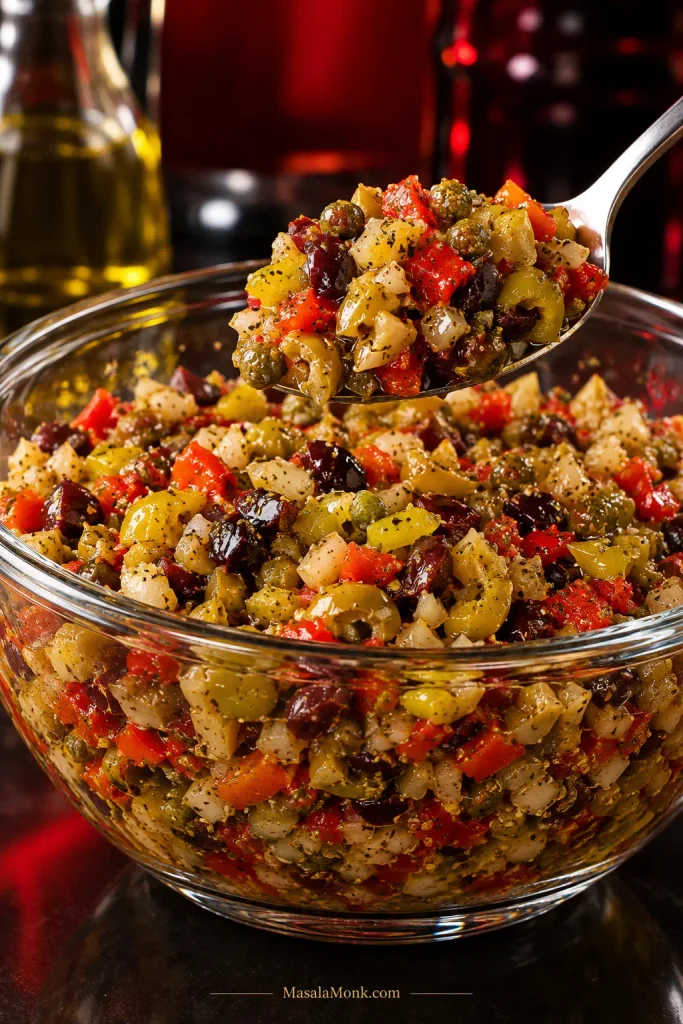 Glass bowl of rested chopped olives, peppers, giardiniera and capers glistening with seasoned oil.