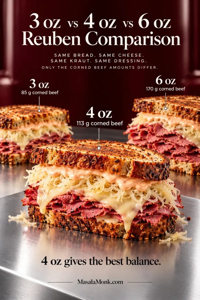 Three Reuben sandwiches comparing 3-ounce, 4-ounce and 6-ounce portions of corned beef, with the 4-ounce sandwich emphasized in the center.