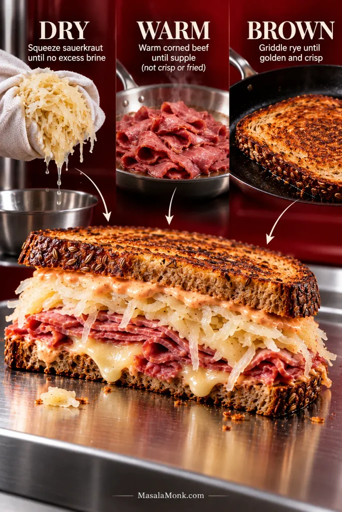 Cooking guide labeled Dry, Warm and Brown, showing squeezed sauerkraut, warmed corned beef, browned rye and a finished Reuben sandwich.