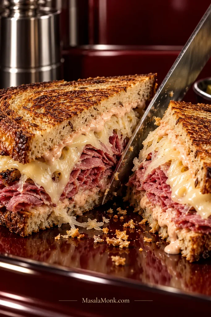 Freshly cut Reuben showing toasted rye, folded corned beef, melted Swiss cheese, sauerkraut and Russian dressing with crumbs along the cut edge.