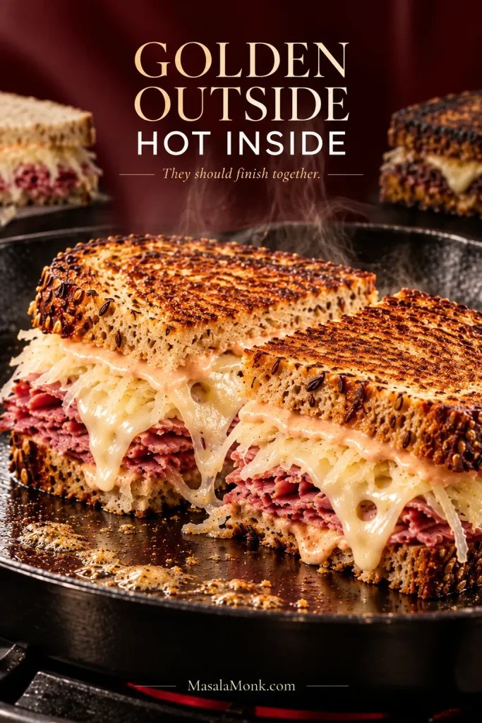 Golden Reuben in a skillet with melted Swiss and hot filling, accompanied by the words “Golden Outside, Hot Inside — They should finish together.”
