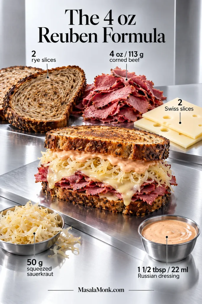 Ingredient guide for one Reuben showing two rye slices, 4 ounces or 113 grams of corned beef, two Swiss slices, 50 grams of sauerkraut and 1½ tablespoons of Russian dressing.