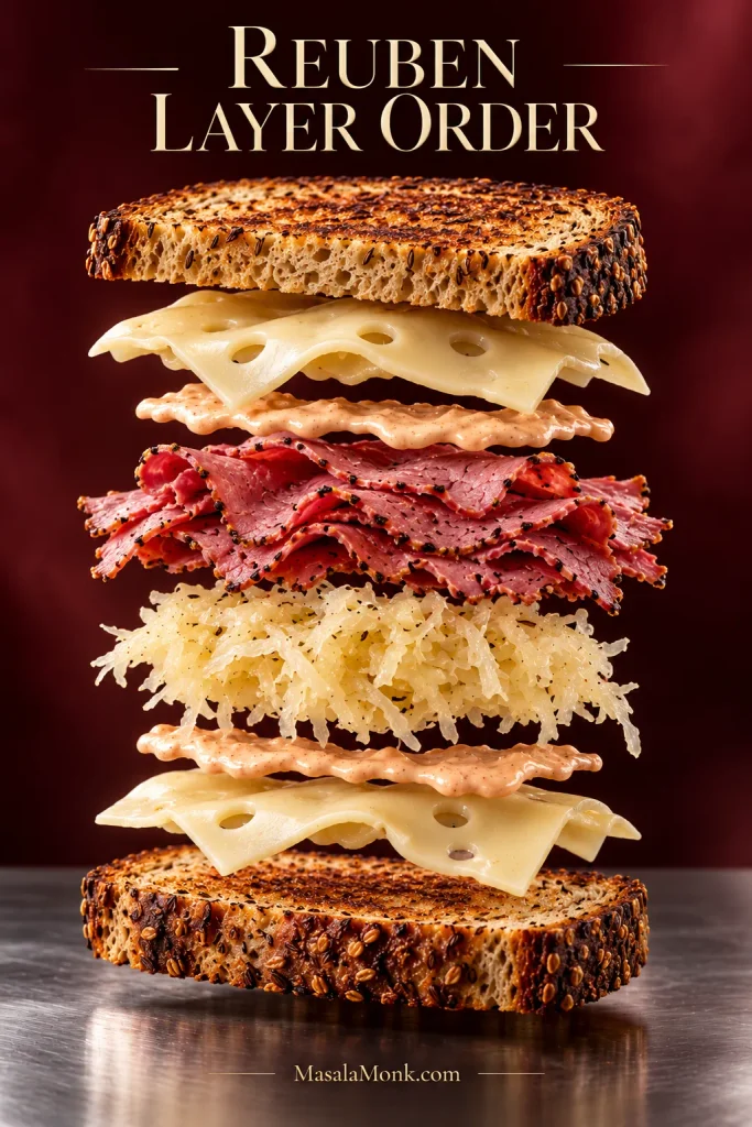 Exploded Reuben showing, from top to bottom, rye bread, Swiss cheese, Russian dressing, folded corned beef, sauerkraut, more dressing, Swiss cheese and rye bread.