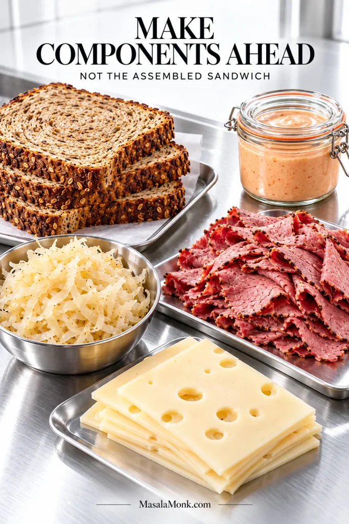 Rye bread, sliced corned beef, Swiss cheese, sauerkraut and Russian dressing arranged separately on a bright stainless-steel counter with no assembled sandwich.