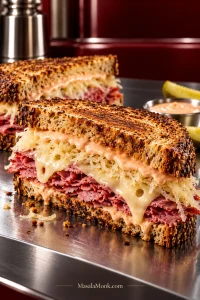 Toasted rye Reuben cut open to show folded corned beef, melted Swiss cheese, sauerkraut and Russian dressing on a polished deli-style set.