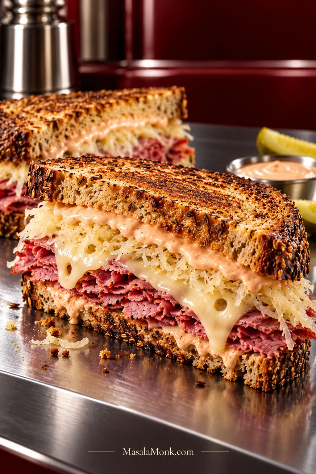 Toasted rye Reuben cut open to show folded corned beef, melted Swiss cheese, sauerkraut and Russian dressing on a polished deli-style set.