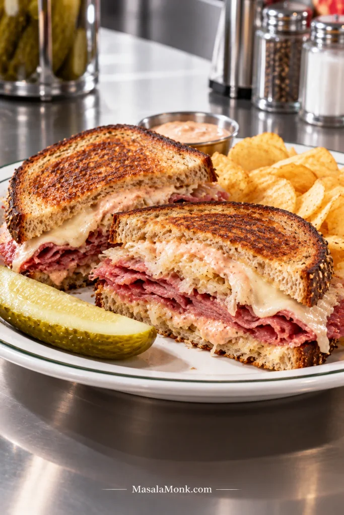 Two toasted Reuben halves on a white diner plate with potato chips, a dill pickle spear and a small metal cup of Russian dressing on a stainless-steel table.