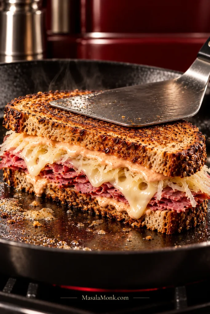 A Reuben browning in a skillet while a wide metal spatula applies light pressure to the seeded rye bread.