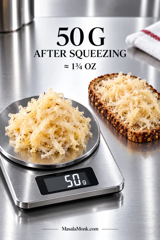 Digital kitchen scale reading 50 grams beneath squeezed sauerkraut, with another portion spread over rye bread to show approximate sandwich coverage.