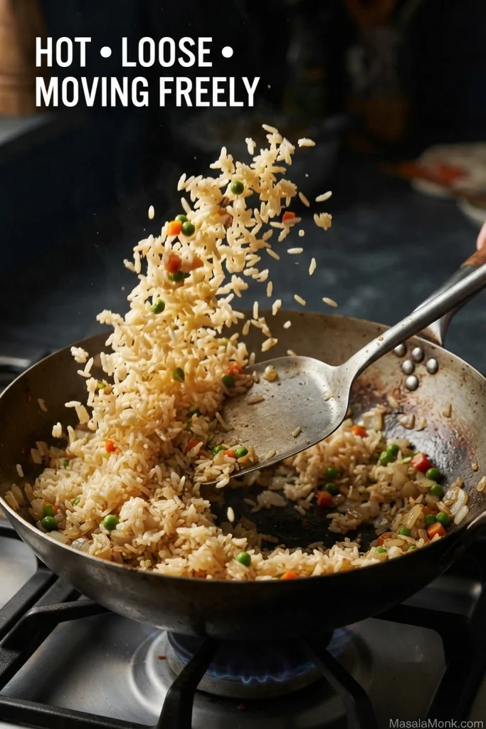 Loose pork fried rice grains with pork, egg and vegetables being tossed above a hot skillet.